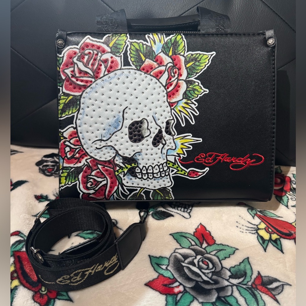 Ed Hardy Black and Red Skull Cross Body Bag